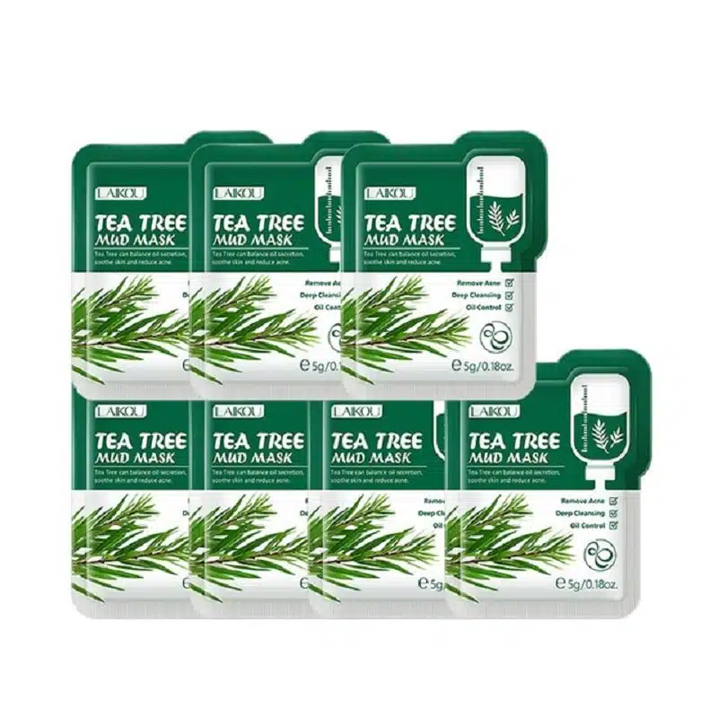 Stack of seven Laikou Tea Tree Mud Mask sachets in vibrant green and white packaging, front view. - thumbnail