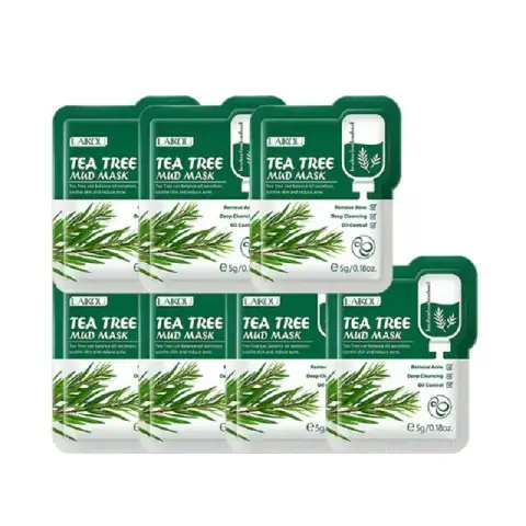 Stack of seven Laikou Tea Tree Mud Mask sachets in vibrant green and white packaging, front view.