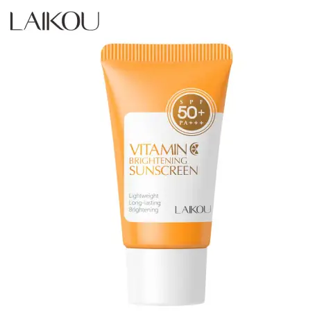 Laikou Vitamin C Brightening Sunscreen 30g white tube, orange cap, with vibrant citrus fruit design.