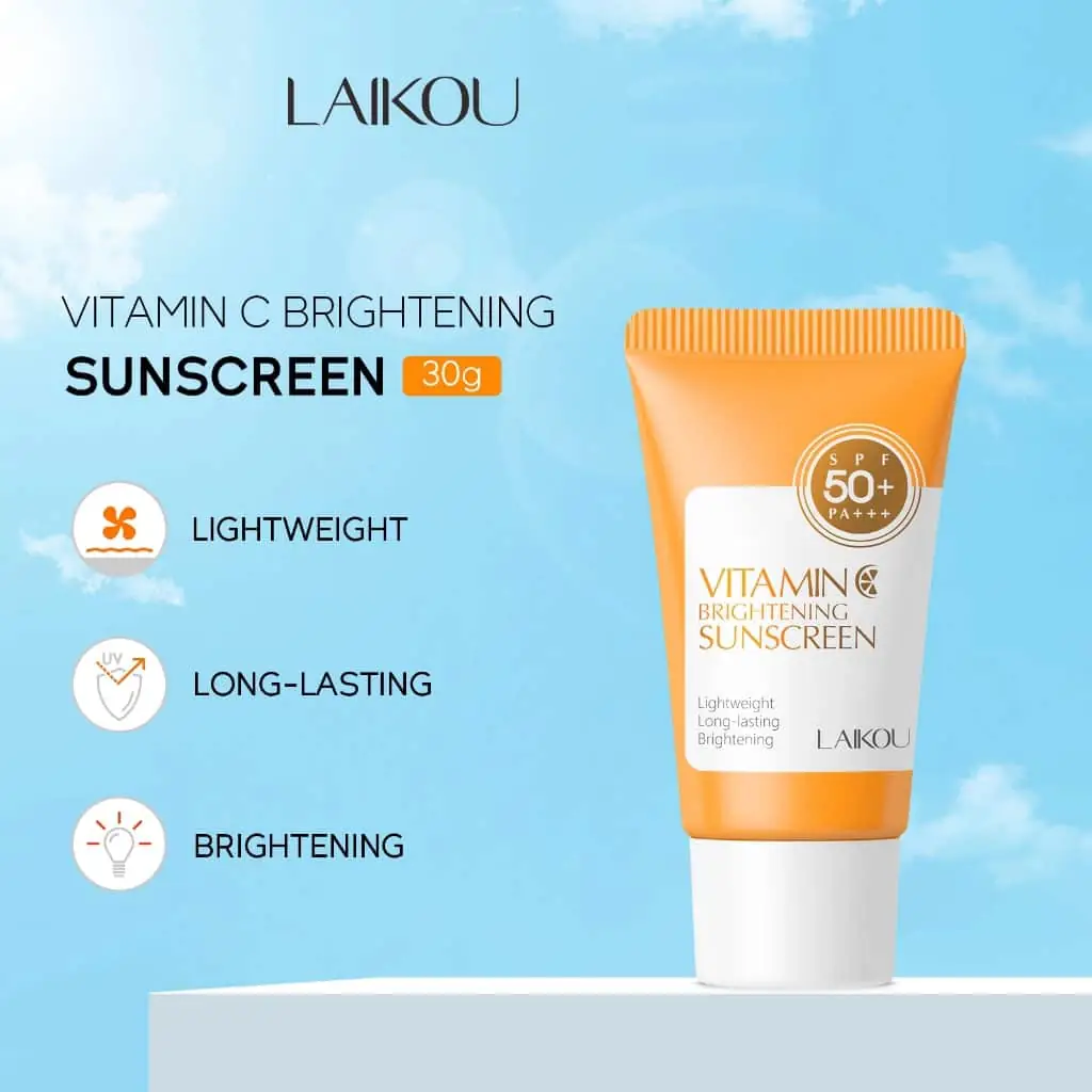 Laikou Vitamin C Brightening Sunscreen 30g tube lying flat, showcasing the vibrant orange cap. - thumbnail