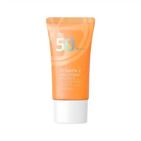 Laikou Vitamin C Brightening Sunscreen SPF50 PA+++ 50g tube, white with orange details, angled front view.