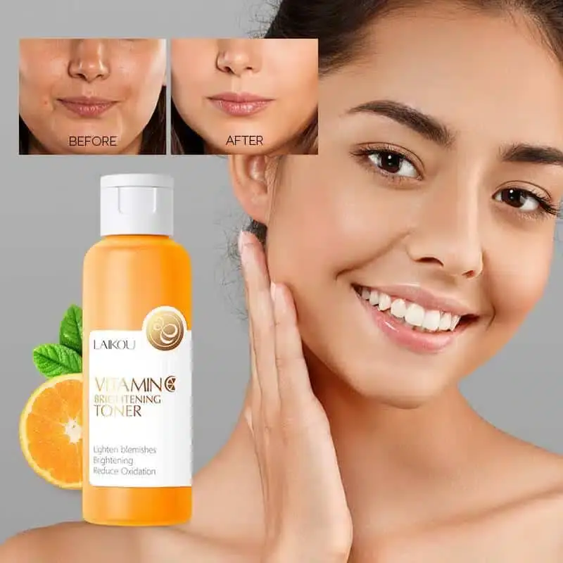 Side view of Laikou Vitamin C Brightening Toner bottle, highlighting its translucent orange liquid and label. - thumbnail
