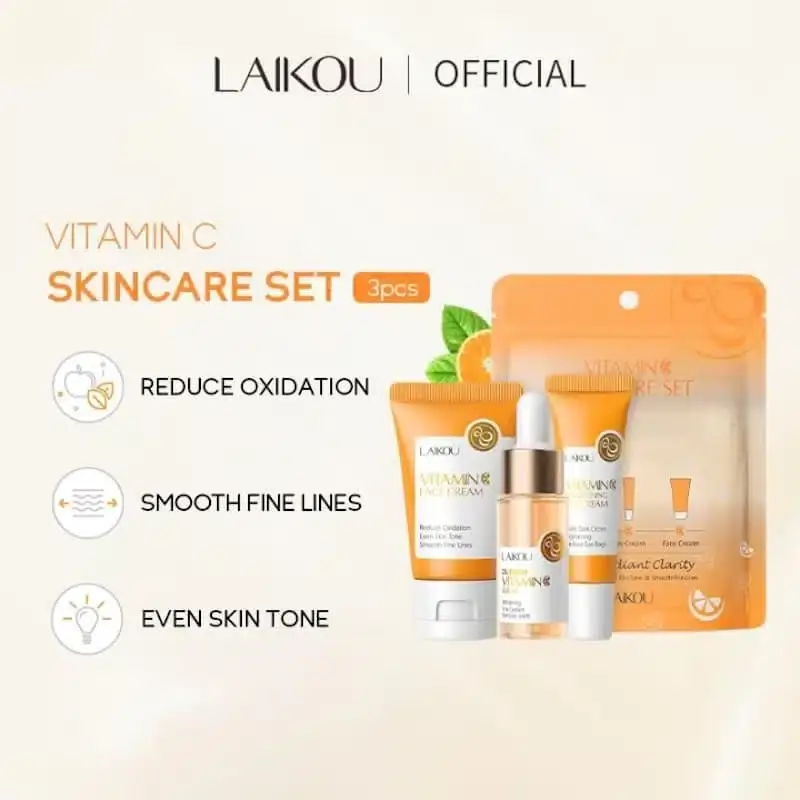 Laikou Vitamin C travel kit: serum dropper, toner pump, and cream tube packaging. - thumbnail