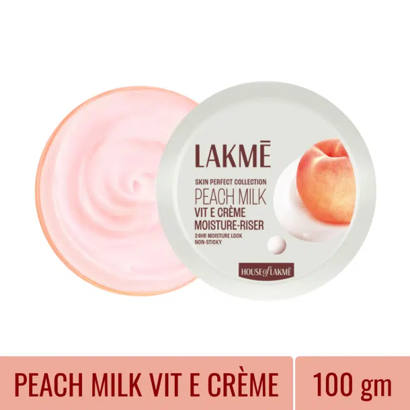 Lakme Peach Milk Moisturiser 100ml bottle, featuring a white pump dispenser on a clean background. - thumbnail
