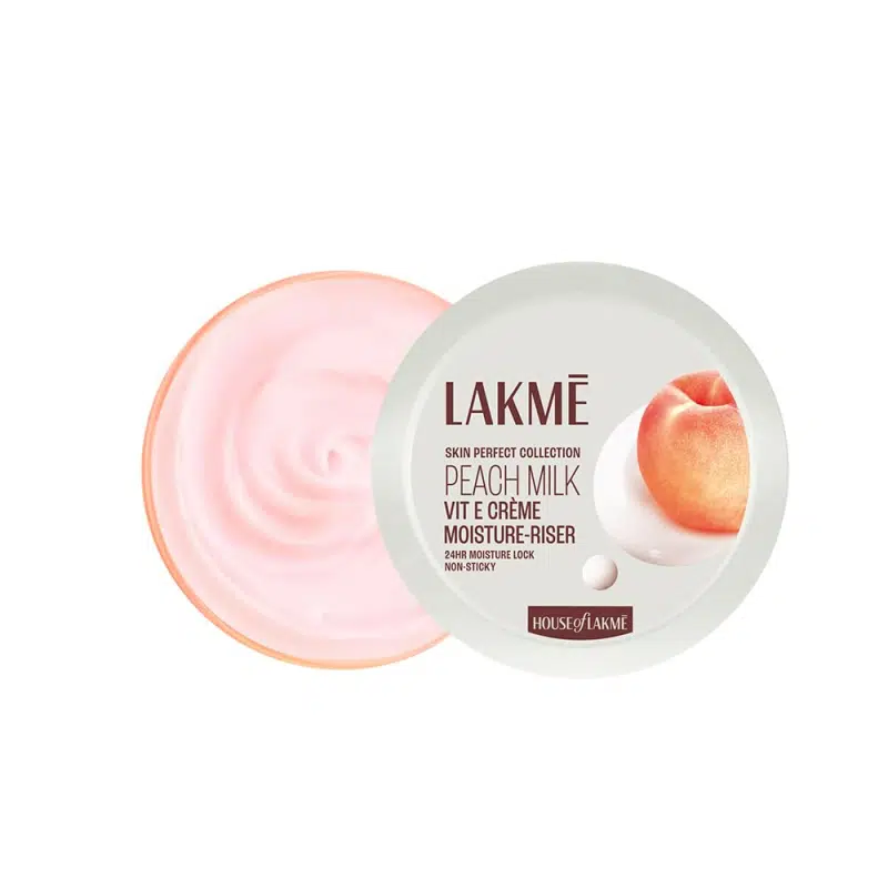 Angled Lakme Peach Milk Moisturiser 100ml bottle, highlighting the product description and brand label. - thumbnail