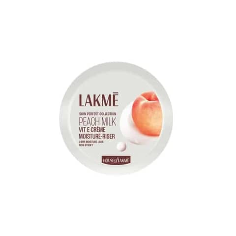 Front view of Lakme Peach Milk Soft Cream 25g in its white jar with peach lid.