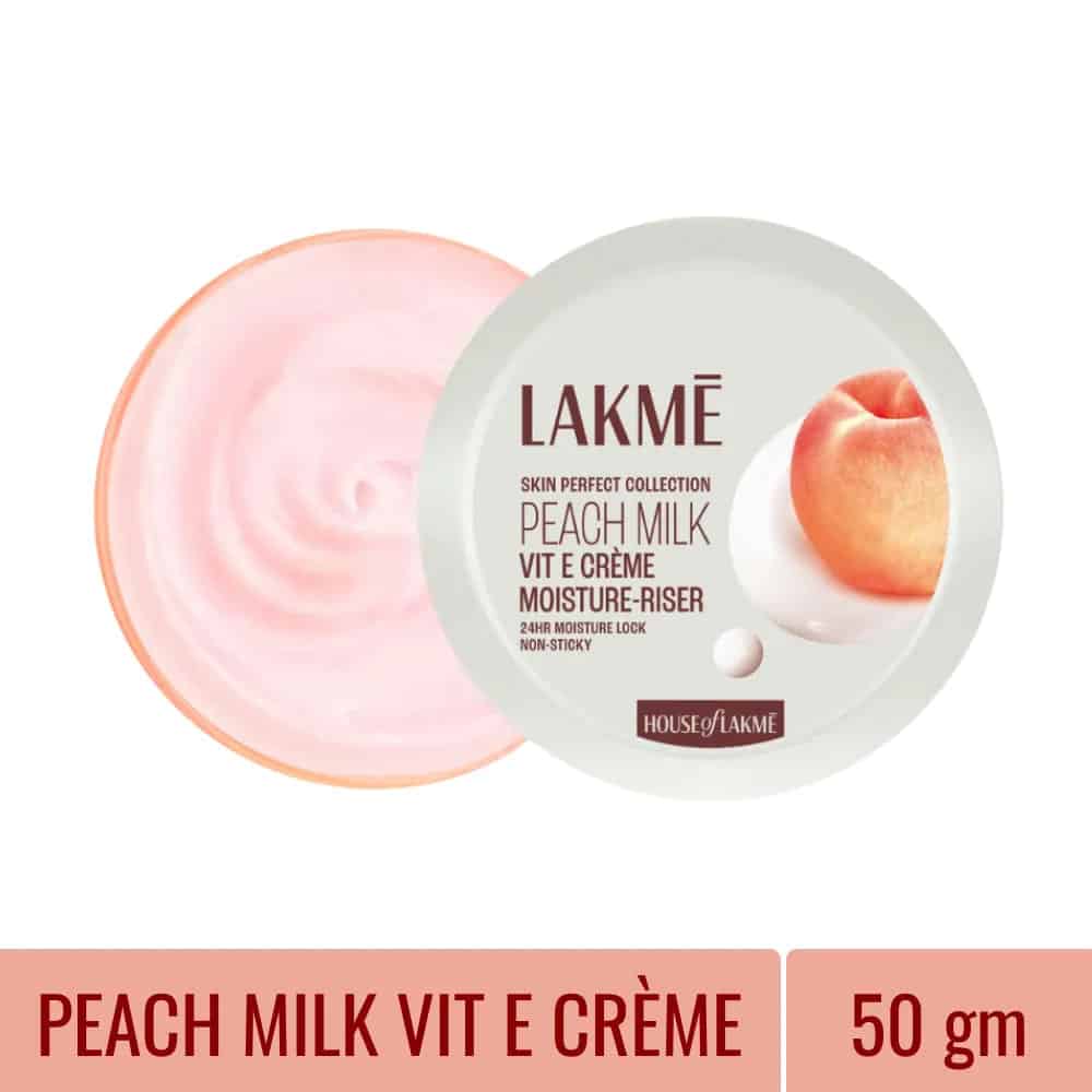 Lakme Peach Milk Vitamin E Moisturiser Cream tube, 50g, with white and peach packaging, front view. - thumbnail
