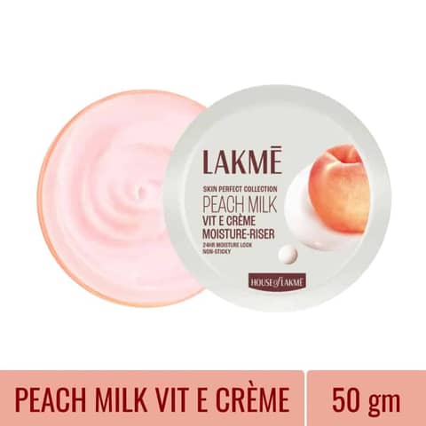 Lakme Peach Milk Vitamin E Moisturiser Cream tube, 50g, with white and peach packaging, front view.