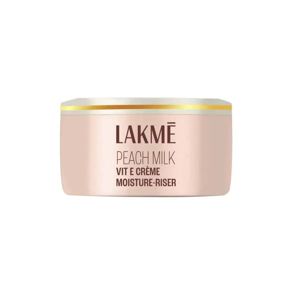 Lakme Peach Milk Vitamin E Moisturiser cream tube, 50g, showcasing important back label information. - thumbnail