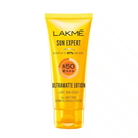 Lakme Sun Expert Ultra Matte Lotion, white 50ml tube with yellow cap, angled view.