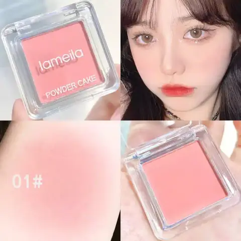 Lameila Candy Blush 01 compact open, revealing soft peach powder and small puff applicator.