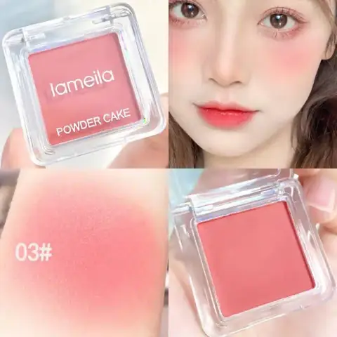 Lameila Candy Blush 03 in a closed, round white compact, transparent lid revealing peachy-pink blush.