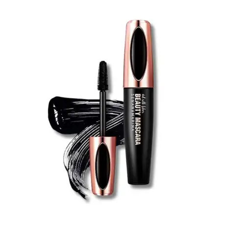 Sleek Lameila black curling mascara tube, highlighting its curl, thick, waterproof features.