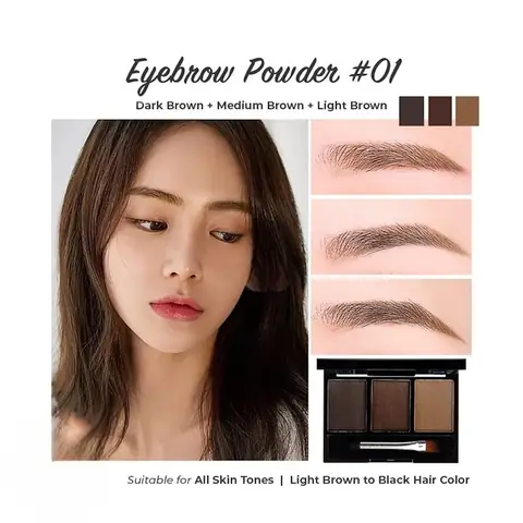 Lameila Eyebrow Powder Palette 01 closed, showcasing three brown shades and brush applicator.