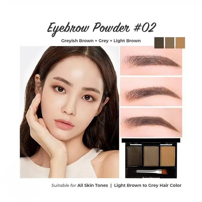 Lameila Eyebrow Powder Palette 02 with three brown shades and applicator on white background. - thumbnail