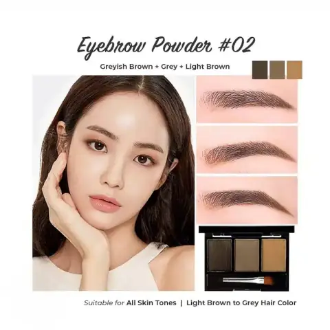 Lameila Eyebrow Powder Palette 02 with three brown shades and applicator on white background.