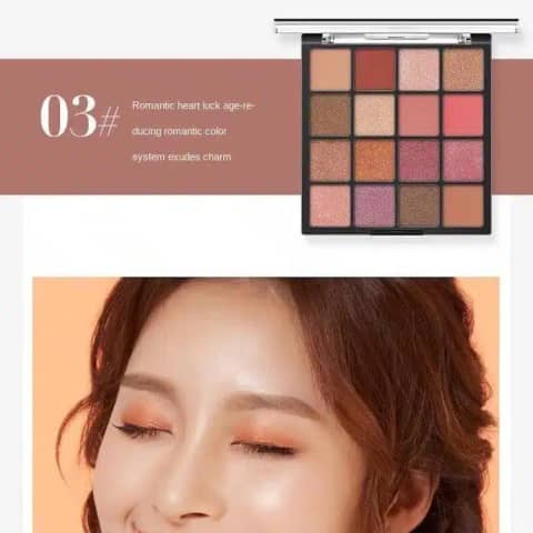 Open Lameila 16-color eyeshadow palette displaying a range of versatile shimmery and matte shades.