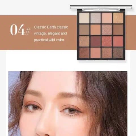Open Lameila 16-color eyeshadow palette 04, showcasing diverse matte and shimmer shades for versatile looks.