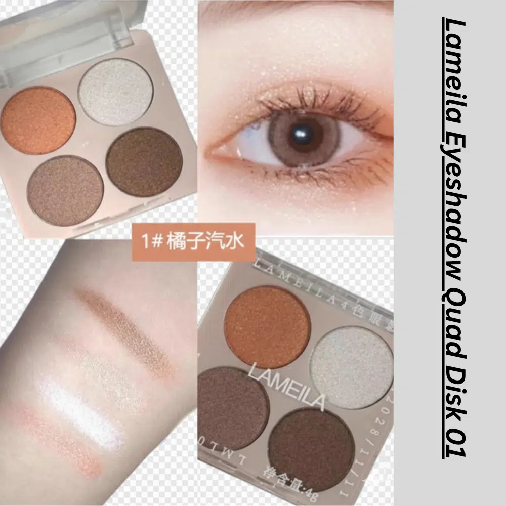 Lameila Eyeshadow Quad Disk 01 open, displaying four shimmery gold and matte brown eyeshadows.