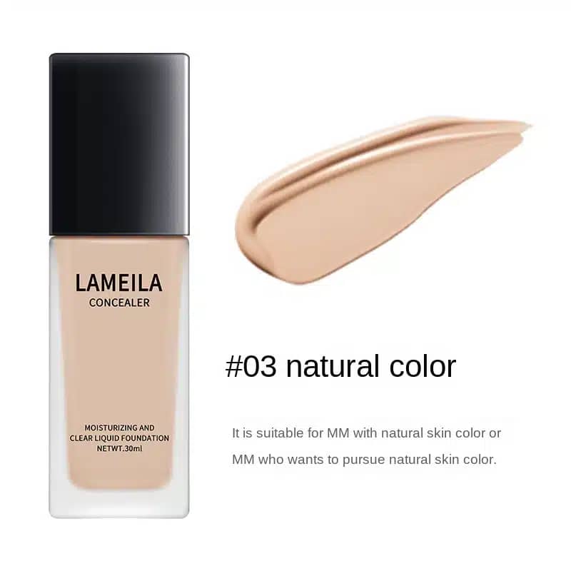 Lameila Full Coverage Foundation 03 Natural Color bottle, standing upright with pump dispenser on white. - thumbnail