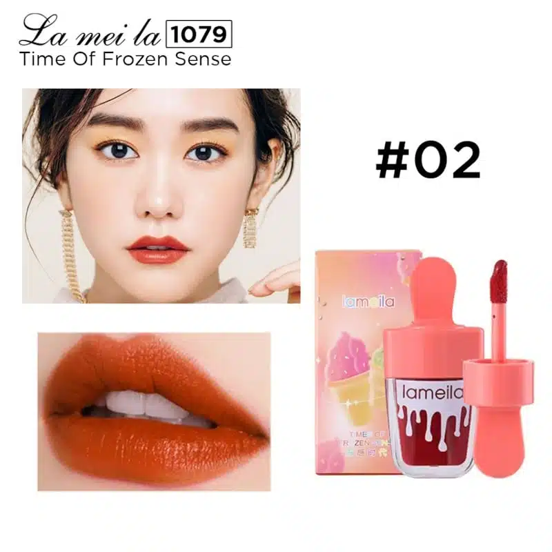 Lameila Lip tint Waterproof 02, reddish-orange shade in a clear tube with black cap, front view. - thumbnail