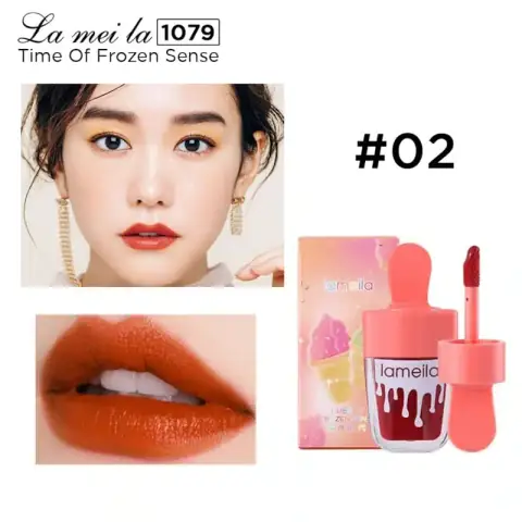 Lameila Lip tint Waterproof 02, reddish-orange shade in a clear tube with black cap, front view.