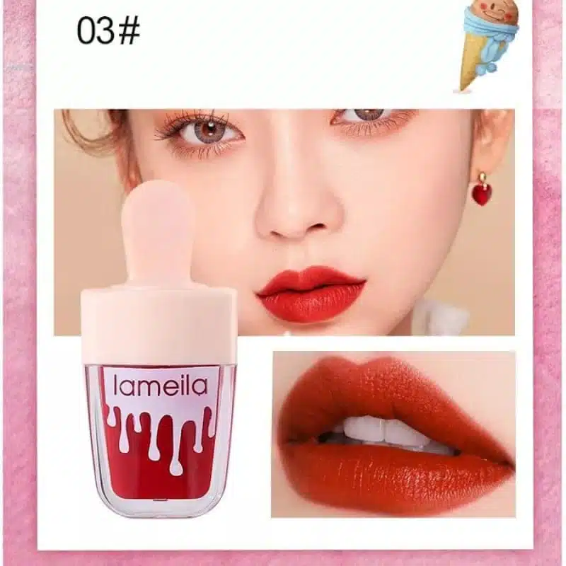 Three Lameila Waterproof Lip tint shade 03 bottles stand upright, showcasing the vibrant reddish-orange color. - thumbnail