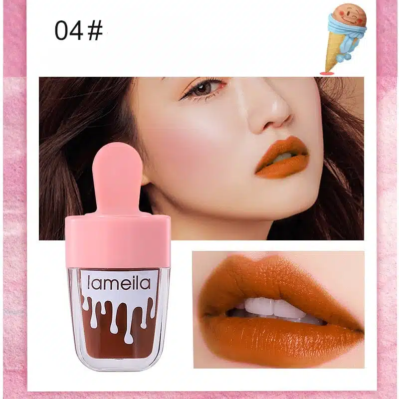 Lameila Lip tint Waterproof shade 04, a terracotta hue, in clear standing tube. - thumbnail