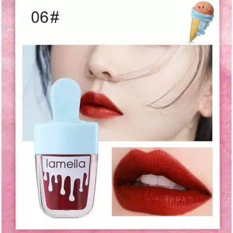 Lameila Lip tint Waterproof 06 tube standing upright, showing clear packaging and earthy red shade.