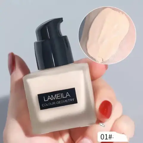 Lameila Liquid Concealer Foundation 01 in transparent bottle with a shiny golden cap.