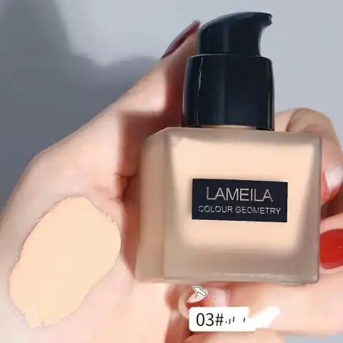 Lameila Liquid Concealer Foundation 03, clear glass bottle, light beige liquid, black cap.