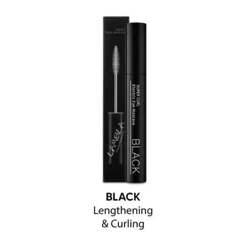 Lameila Longcurly Mascara black tube, elegant gold branding, upright against white background.