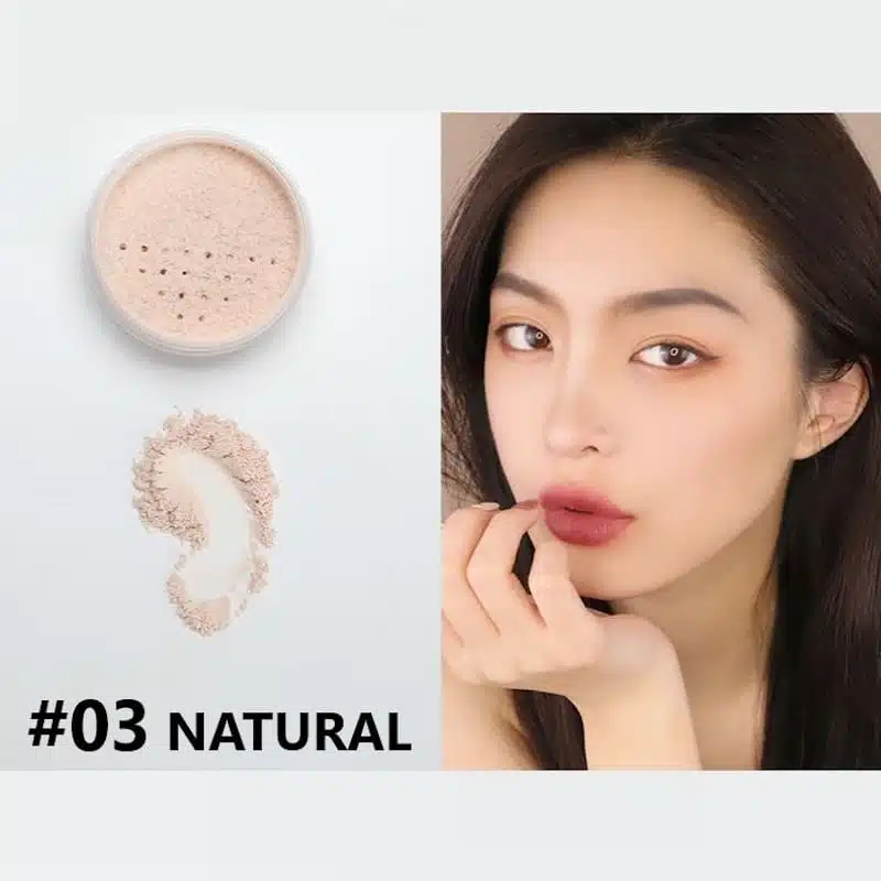 Lameila Loose Powder Natural 03 in clear round packaging with golden lid, standing upright. - thumbnail