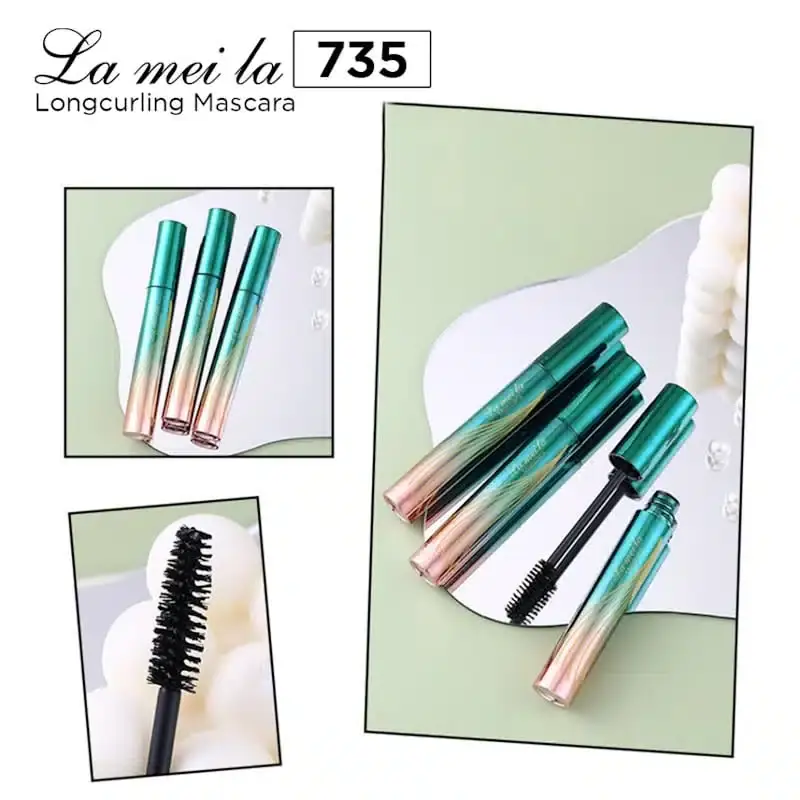 Lameila black mascara tube open, with the applicator wand and bristles pulled out. - thumbnail