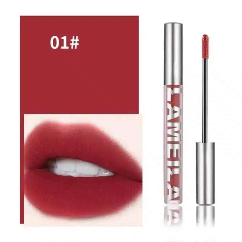 Lameila Matte Liquid Lipstick 01 stands upright, showing clear tube with rich reddish-brown shade. - thumbnail
