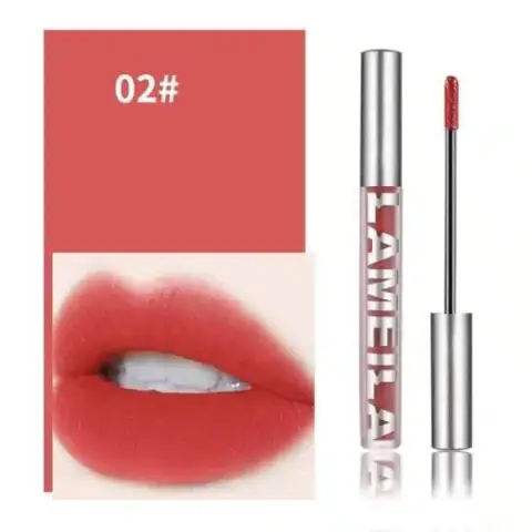 Lameila Matte Liquid Lipstick 02 upright, clear tube revealing pinkish-nude shade with black cap.