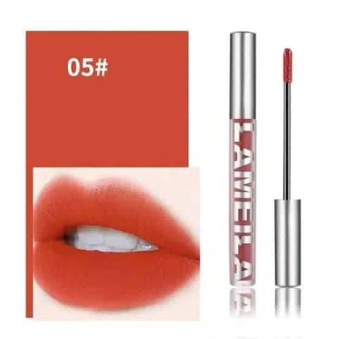 Lameila Matte Liquid Lipstick 05 standing upright, showcasing its clear tube and black cap design.