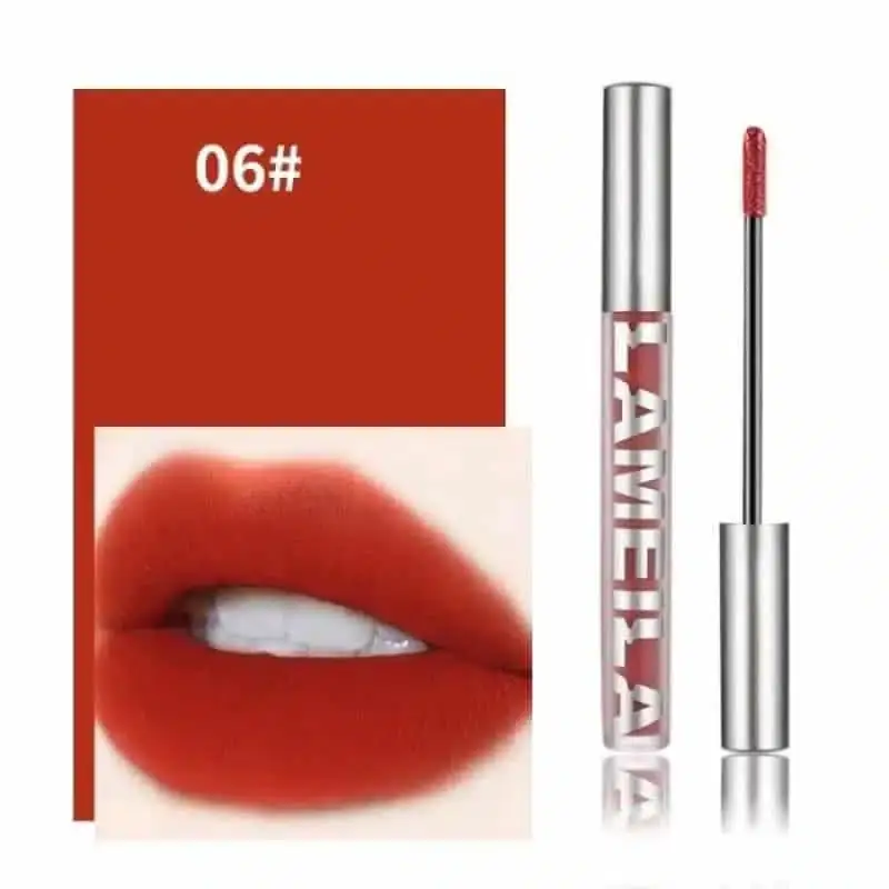 Lameila Matte Liquid Lipstick 06 in a clear tube, showcasing the rich deep red shade. - thumbnail
