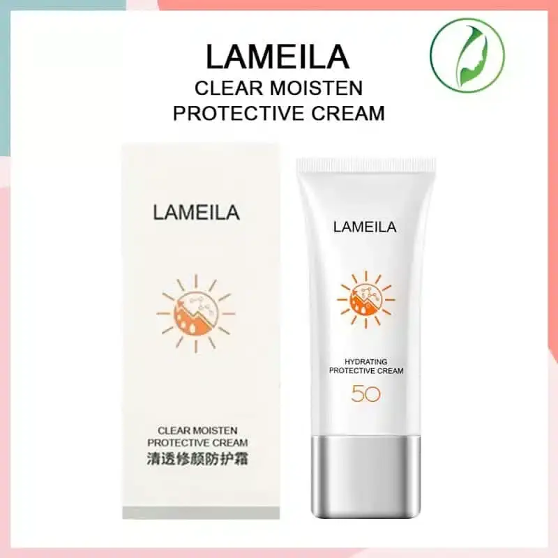 Lameila Sunblock UV Protection SPF 50 white tube, vibrant orange gradient design, front view. - thumbnail