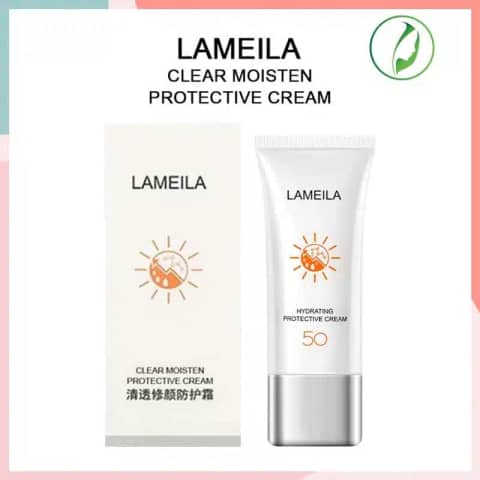 Lameila Sunblock UV Protection SPF 50 white tube, vibrant orange gradient design, front view.