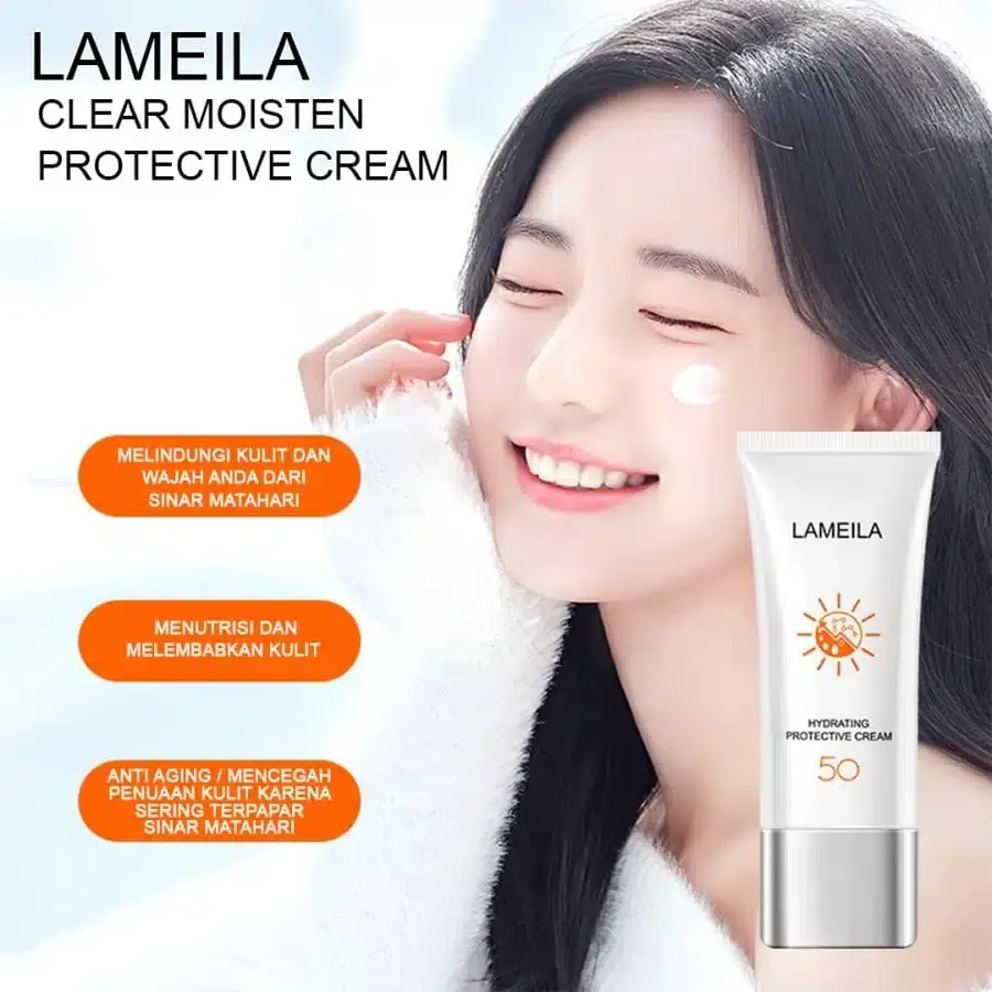 Lameila Sunblock UV Protection SPF 50 tube open, showing white cream texture at nozzle. - thumbnail
