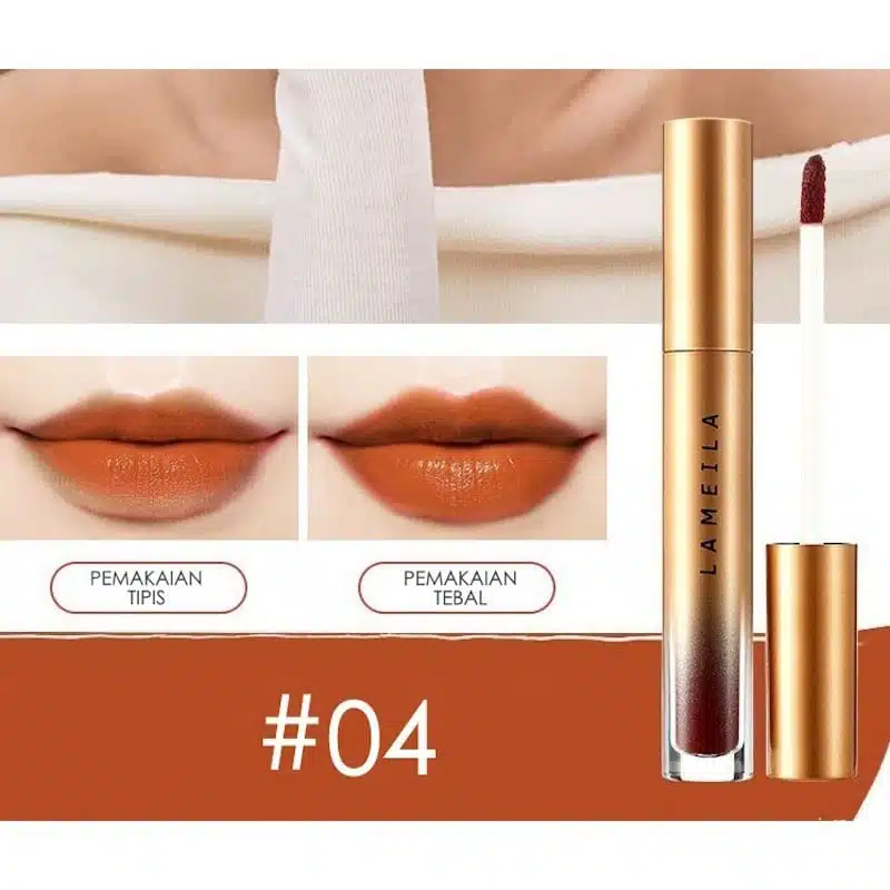 Upright Lameila Velvet Lip Glaze Lipstick 04 tube with clear body, silver cap, showing rich berry color. - thumbnail
