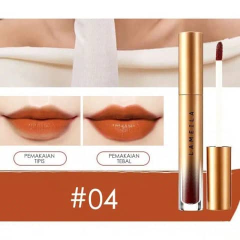 Upright Lameila Velvet Lip Glaze Lipstick 04 tube with clear body, silver cap, showing rich berry color.