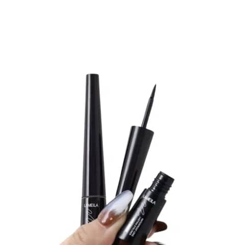 Lameila waterproof eyeliner pot open, showing rich black gel and application brush inside.