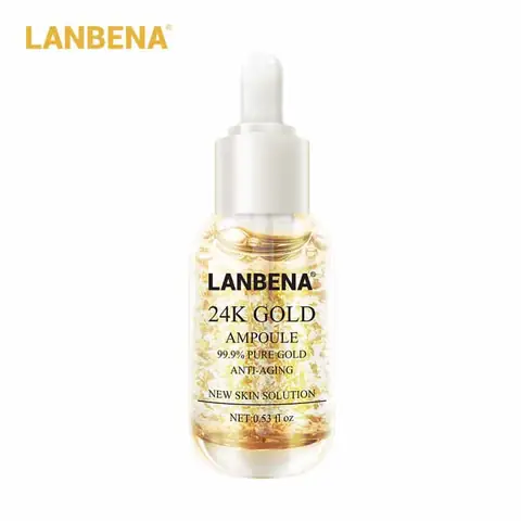 Clear Lanbena 24K Gold Ampoule Serum bottle displaying golden liquid with visible shimmer flakes.