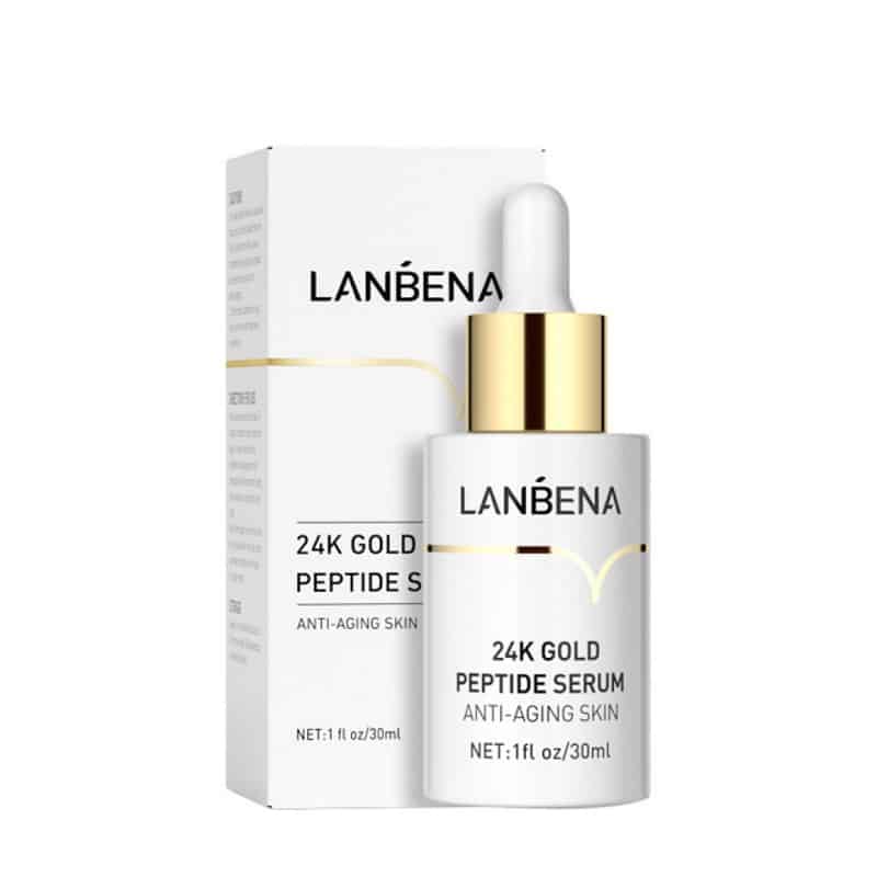 Elegant Lanbena 24K Gold Six Peptides Serum 30ml bottle with visible golden flakes and white packaging. - thumbnail