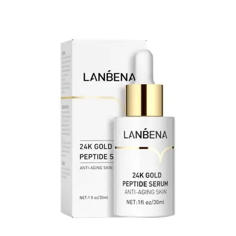 Elegant Lanbena 24K Gold Six Peptides Serum 30ml bottle with visible golden flakes and white packaging.