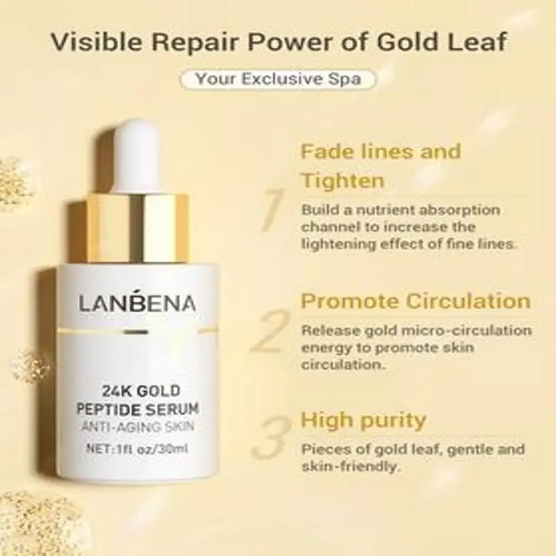 Close-up of Lanbena 24K Gold Six Peptides Serum dropper, releasing a shimmering golden drop. - thumbnail