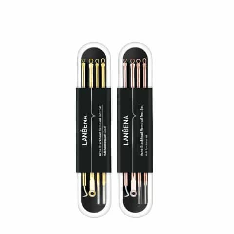 Lanbena professional stainless steel acne and blackhead removal tools displayed beside white retail packaging.