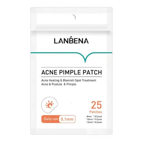 Lanbena Acne Pimple Patch 25pcs Day box, container, and translucent patches displayed.